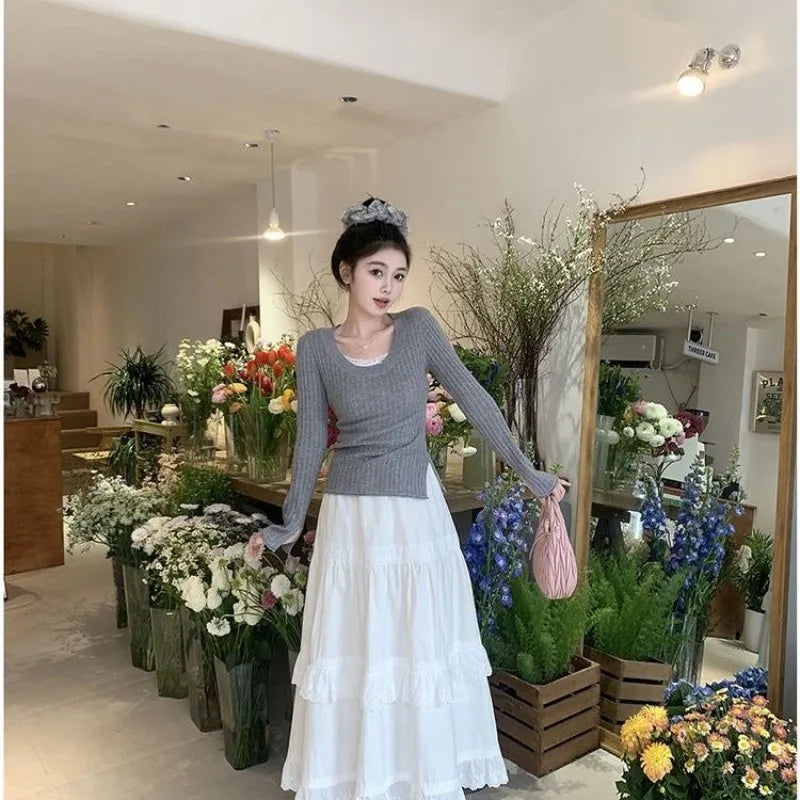 Lace A-line Loose All-match Ankle-length Skirts