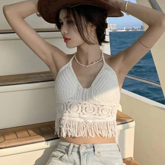 Boho Fringe Backless Halter Tie Beachwear Padded