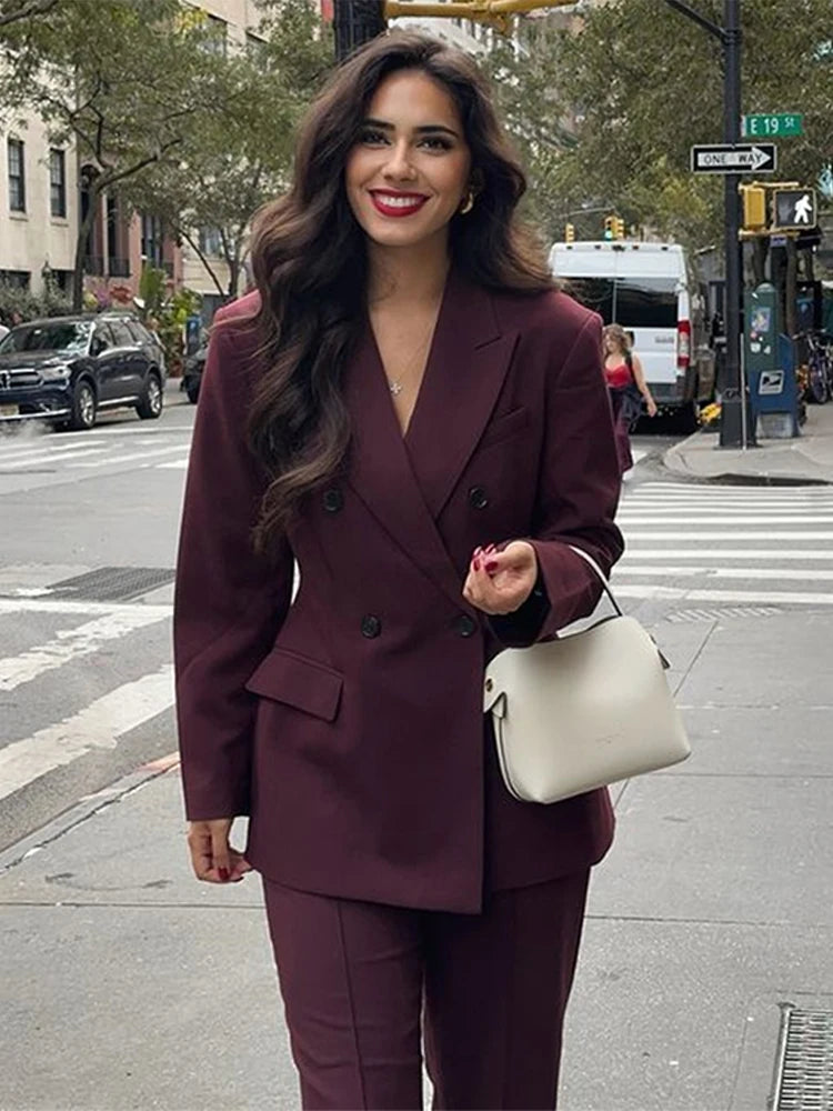 Fashion Lapel Jacket Long Pant Sets For Women New Double Breasted Blazer Wide Leg Pant 2 Piece Outfits Office Lady Chic Suits