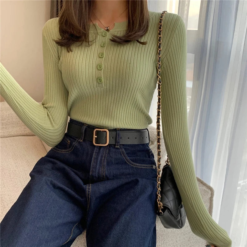 Cute Autumn Long Sleeves with Button Styled Women Tops