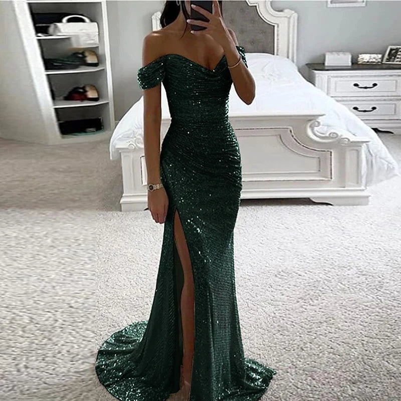 Women Elegant Off-Shoulder Sequin Split Prom Dresses