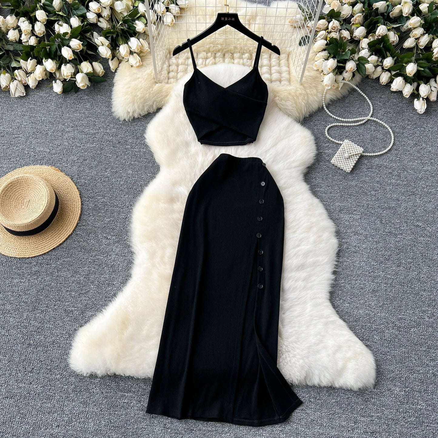 2 Pieces Set for Women V Neck Sleeveless Crop Camis Top and Long Skirt