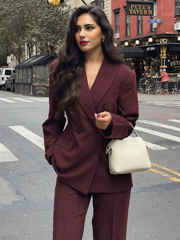 Fashion Lapel Jacket Long Pant Sets For Women New Double Breasted Blazer Wide Leg Pant 2 Piece Outfits Office Lady Chic Suits