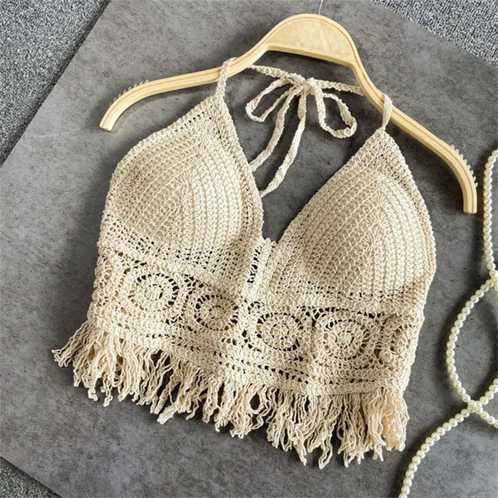 Boho Fringe Backless Halter Tie Beachwear Padded