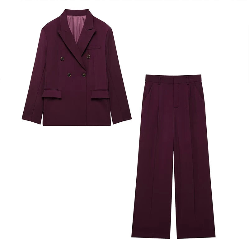 Fashion Lapel Jacket Long Pant Sets For Women New Double Breasted Blazer Wide Leg Pant 2 Piece Outfits Office Lady Chic Suits