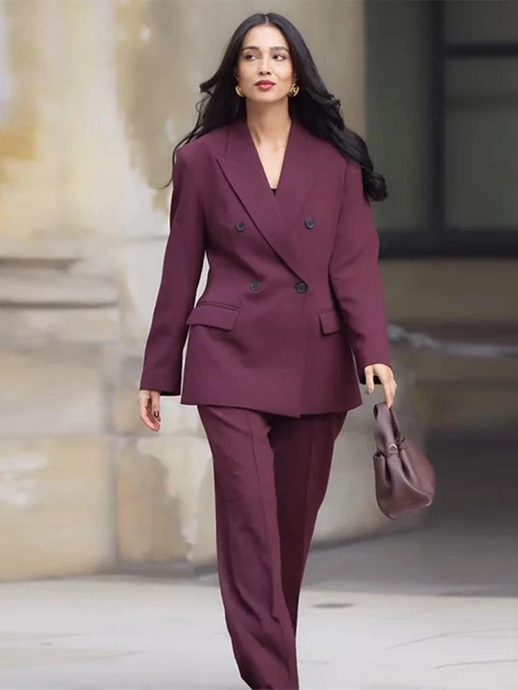 Fashion Lapel Jacket Long Pant Sets For Women New Double Breasted Blazer Wide Leg Pant 2 Piece Outfits Office Lady Chic Suits