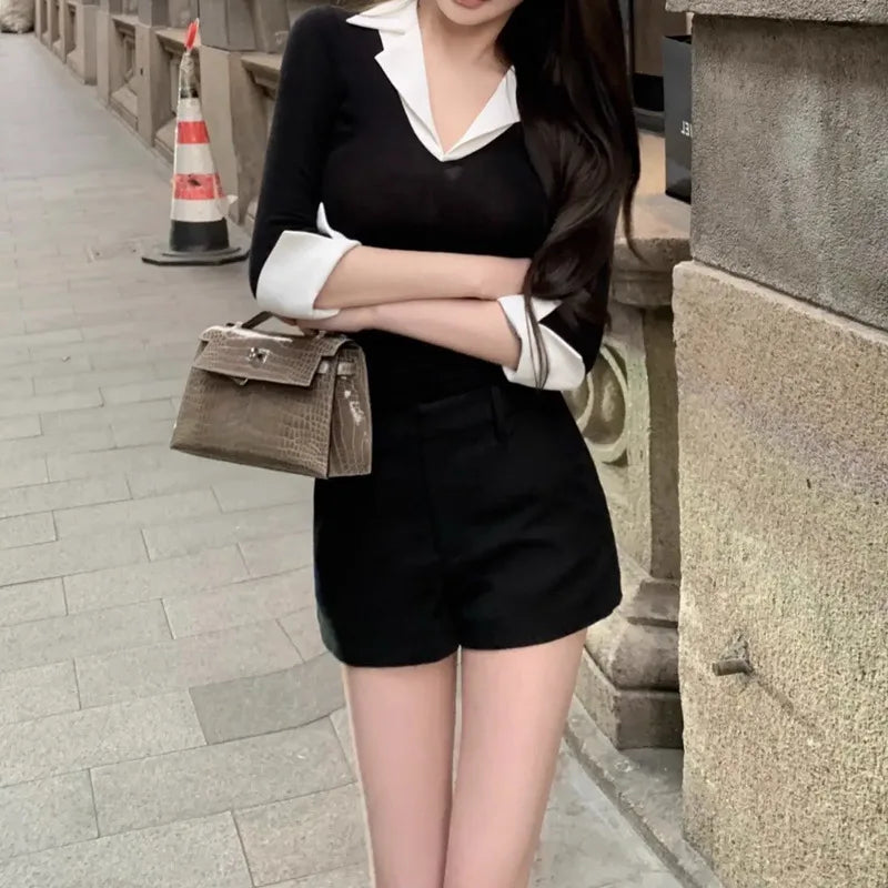 Fake Two Pieces Slim Fit Women Tops