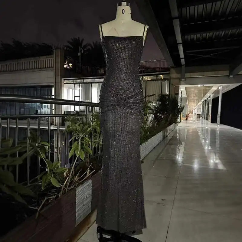 Fashion Gray Red Women's Slim Fit Backless Folds Split Floor-length Dress