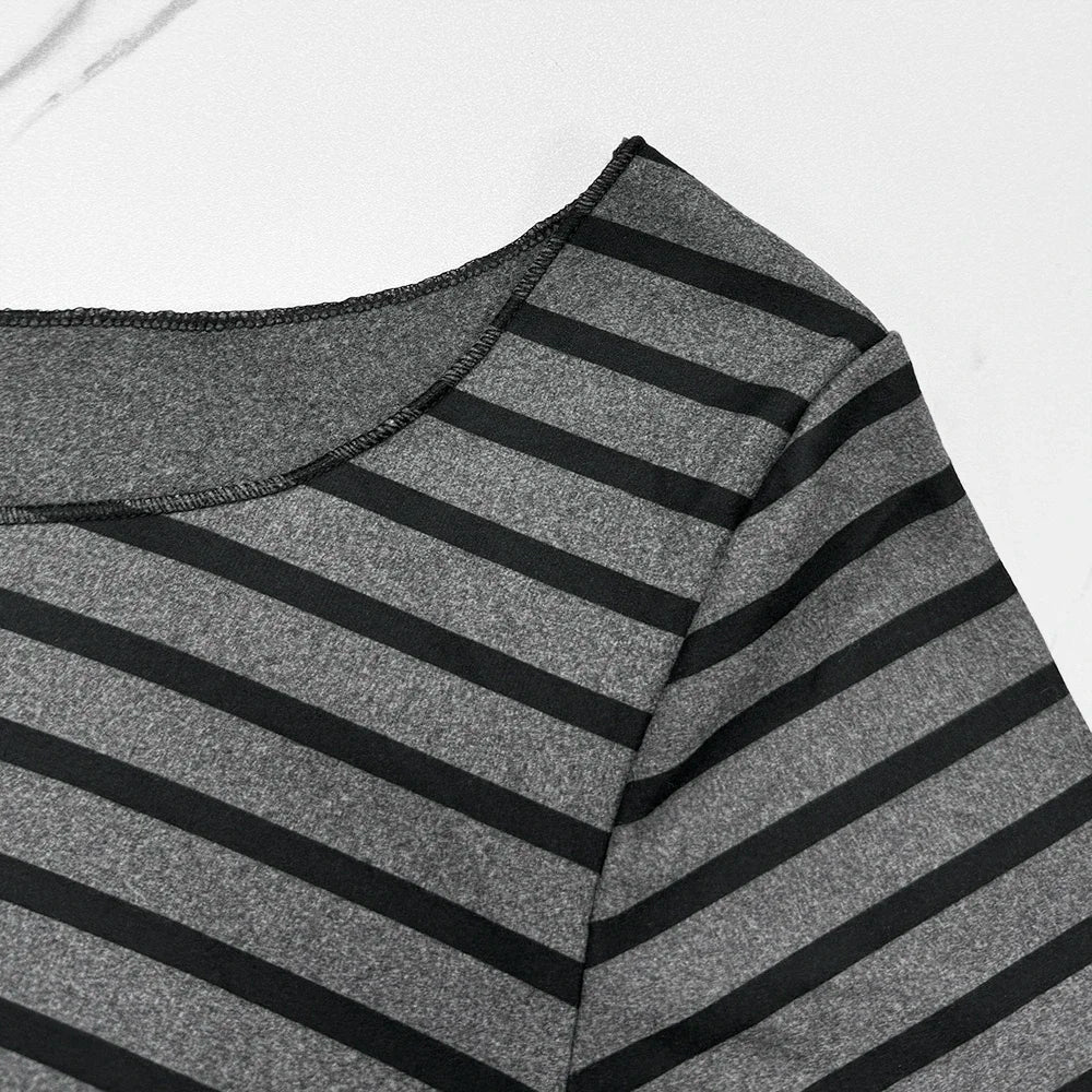 Women's Slim Black and Grey Long-Sleeved Striped Tops
