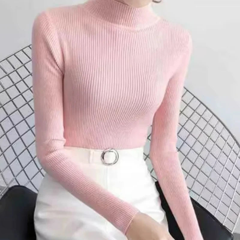 Mock Neck Women Sweater Solid Tops