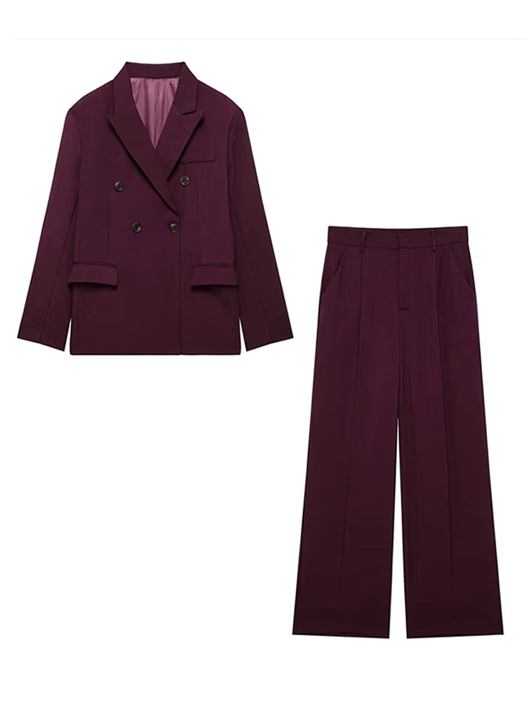 Fashion Lapel Jacket Long Pant Sets For Women New Double Breasted Blazer Wide Leg Pant 2 Piece Outfits Office Lady Chic Suits