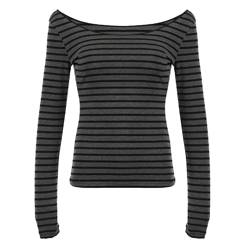 Women's Slim Black and Grey Long-Sleeved Striped Tops