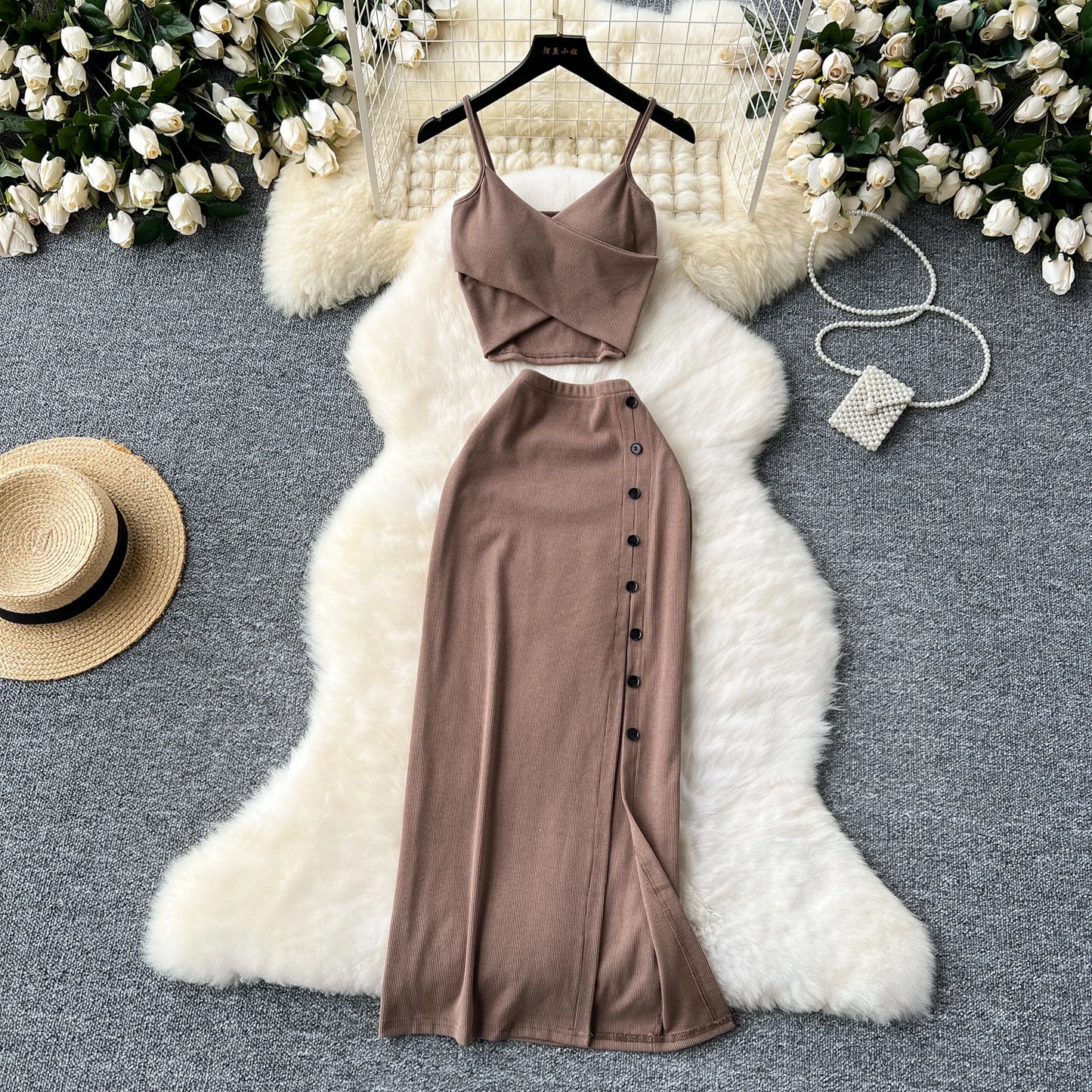 2 Pieces Set for Women V Neck Sleeveless Crop Camis Top and Long Skirt