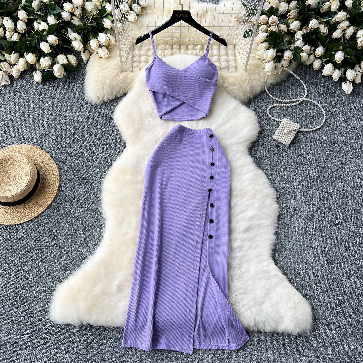 2 Pieces Set for Women V Neck Sleeveless Crop Camis Top and Long Skirt