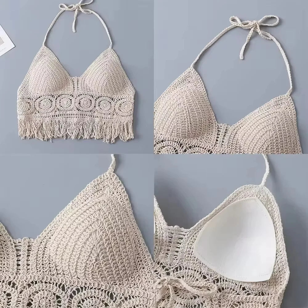 Boho Fringe Backless Halter Tie Beachwear Padded