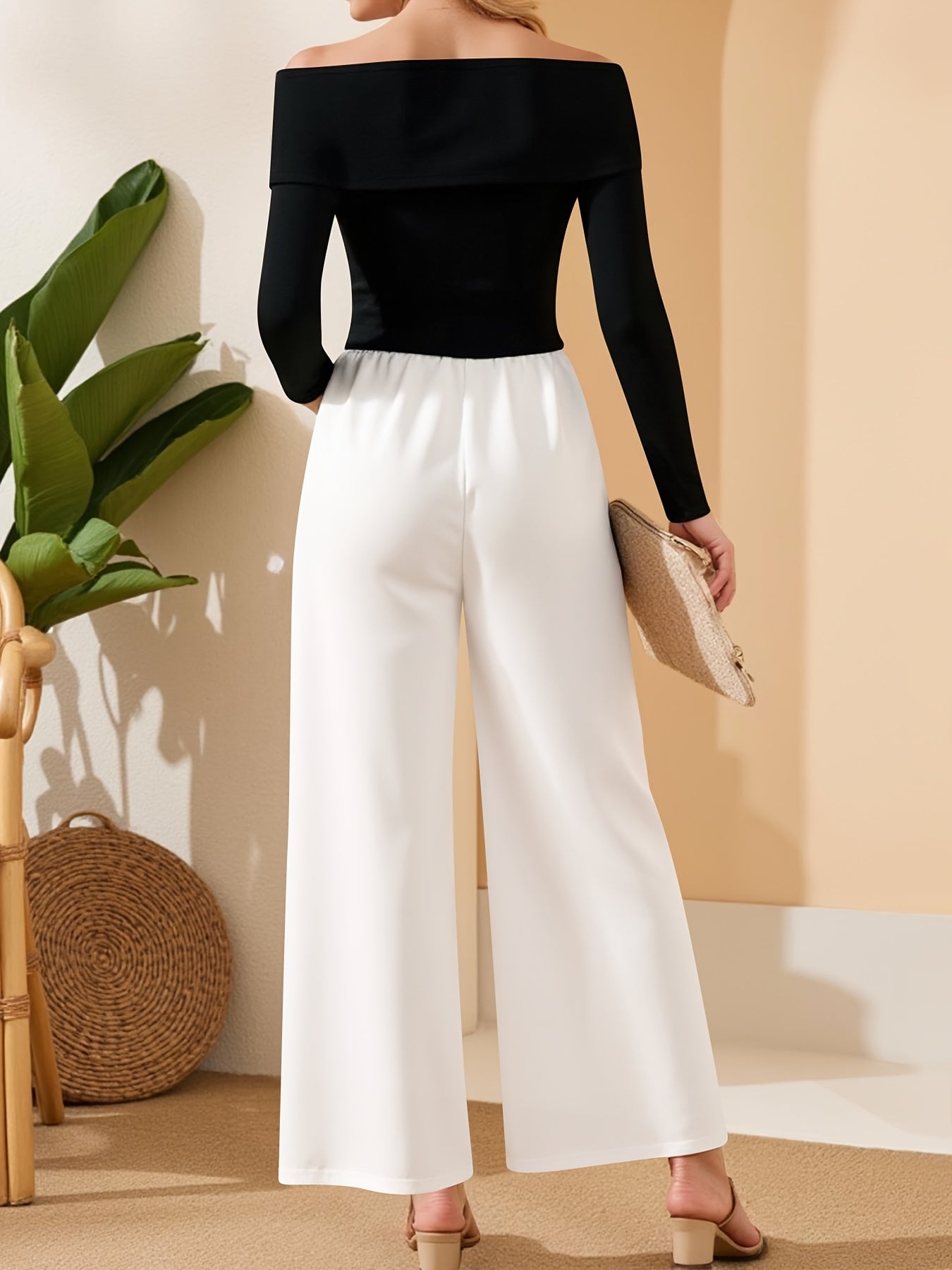 Elegant Off-Shoulder Crop Top & Wide-Leg Pants Set - Black & White, High-Waisted, Flowy Design, Perfect for Spring/Summer, Women'S Fashion, High Waisted Pants