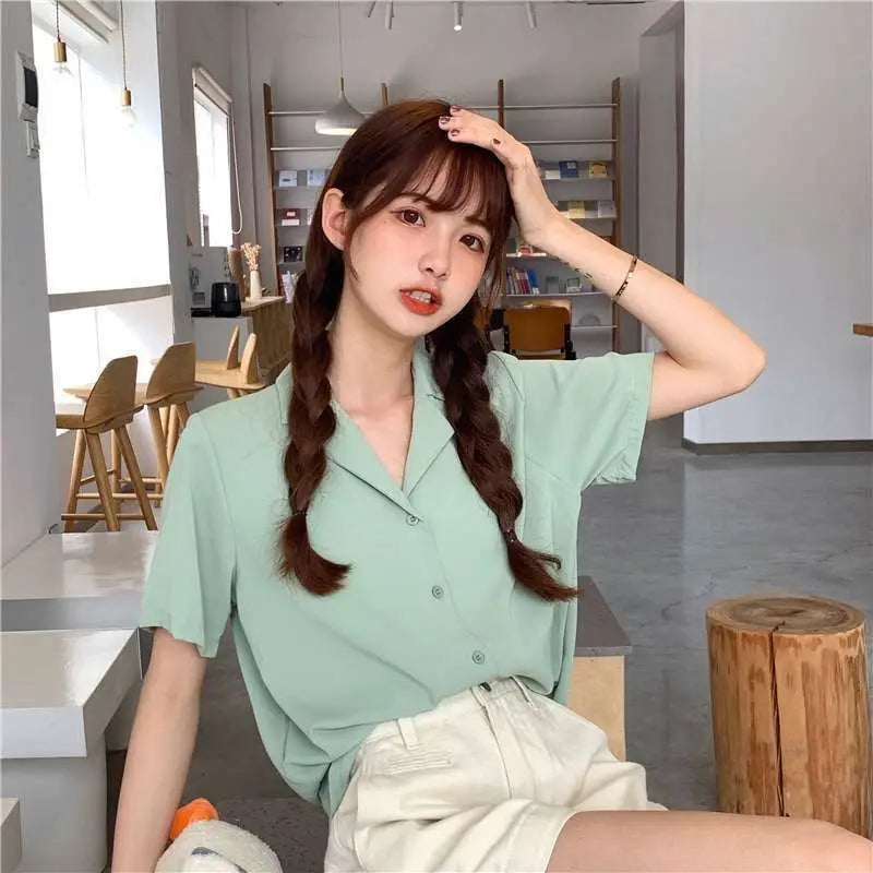 Women Short Sleeve Plain Cotton Shirts