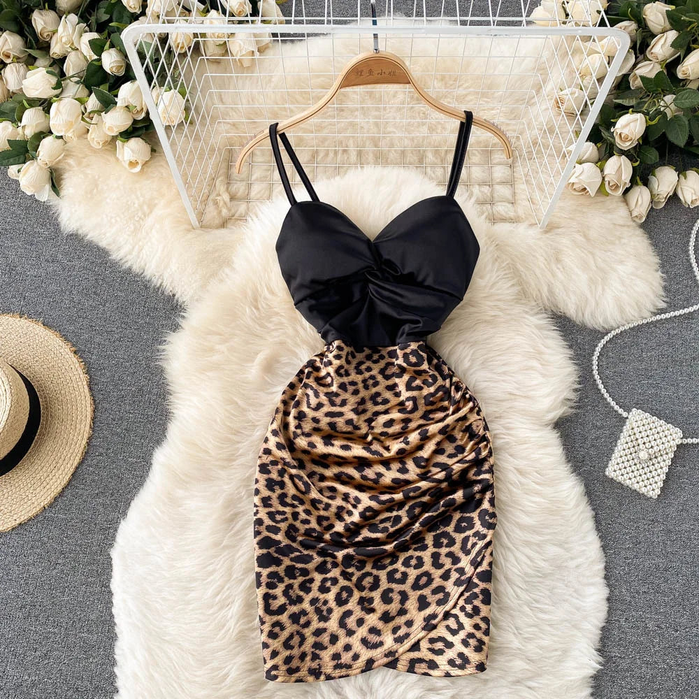 Spaghetti Strap High Waist Leopard Print Party Dress