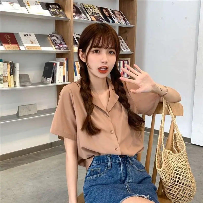 Women Short Sleeve Plain Cotton Shirts