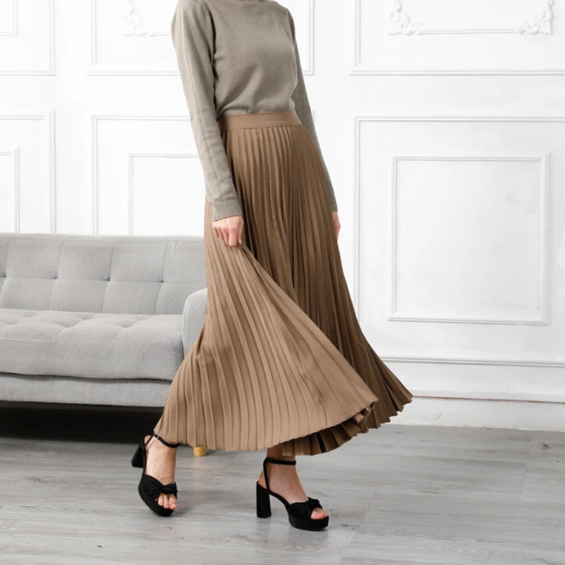 Women's High-Quality Pleated Skirt with Chiffon Liner High Waist Side Zipper Twill Long Skirts For Women 2024 Autumn SK946