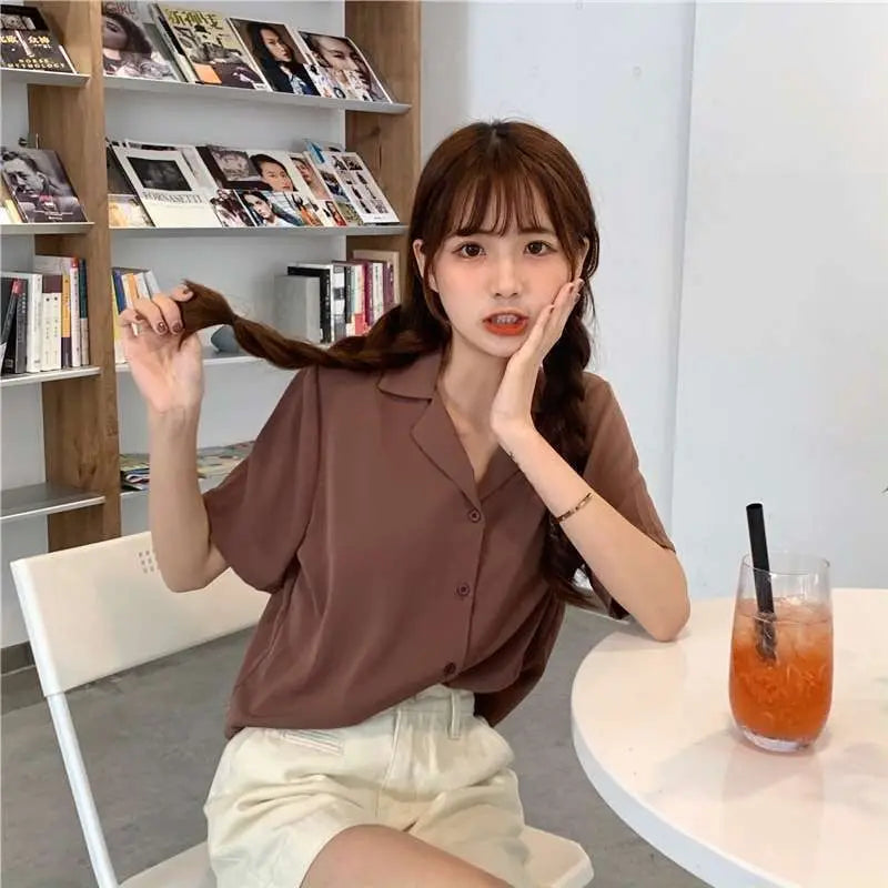 Women Short Sleeve Plain Cotton Shirts