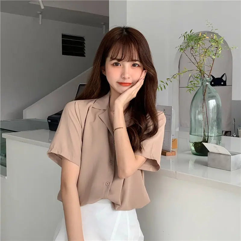 Women Short Sleeve Plain Cotton Shirts