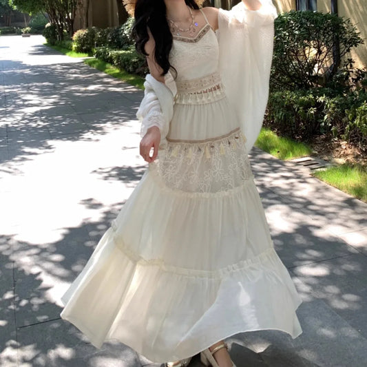 Chic Embroidered Tassel Two Pieces Sets Camis, A-line Skirt Women