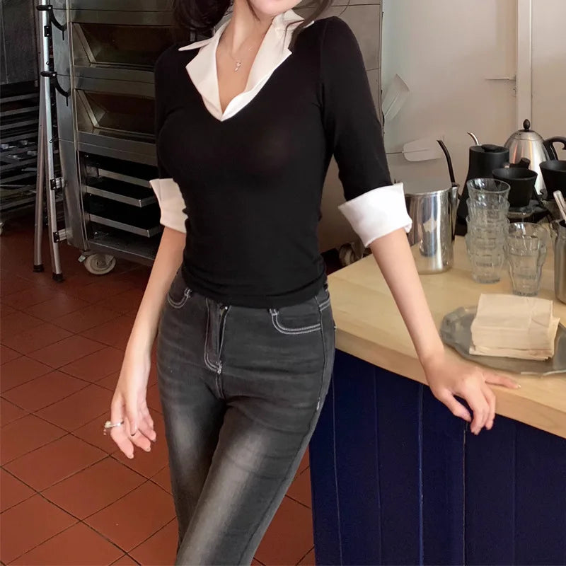 Fake Two Pieces Slim Fit Women Tops