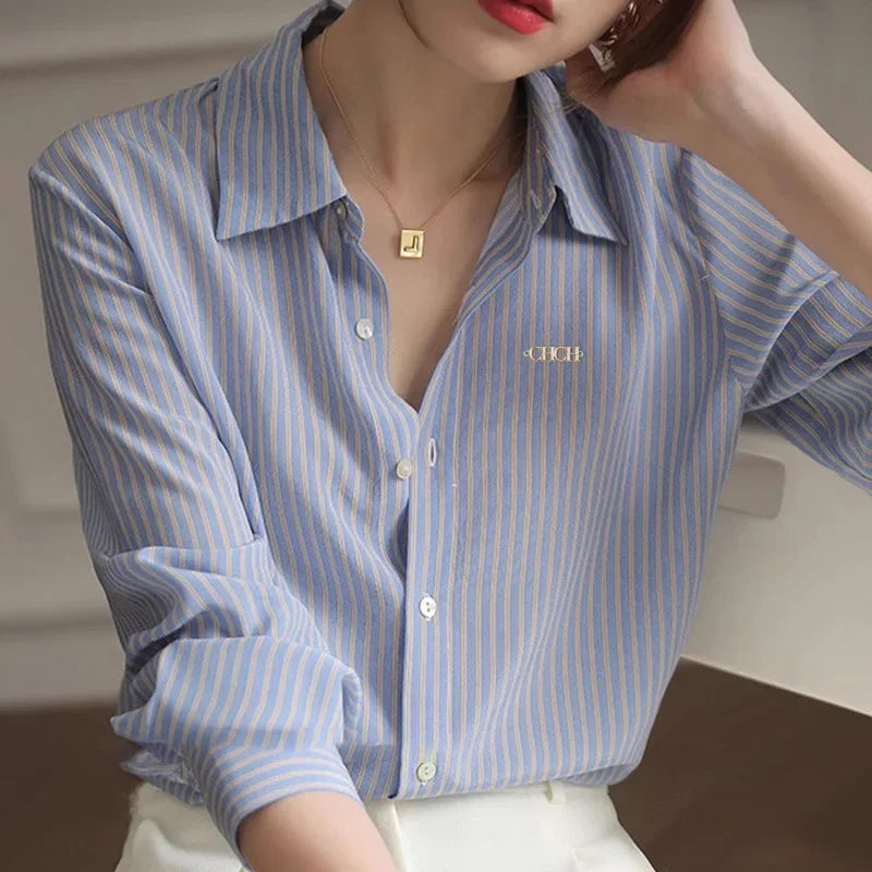 Elegant Stripe Blue Shirt Office Lady Fashion