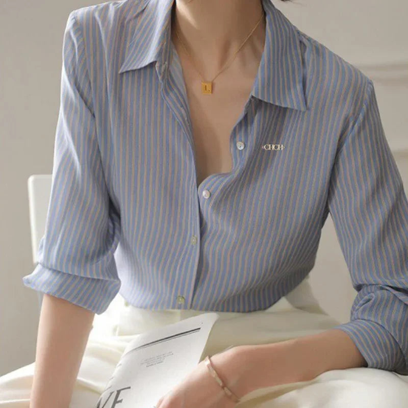 Elegant Stripe Blue Shirt Office Lady Fashion