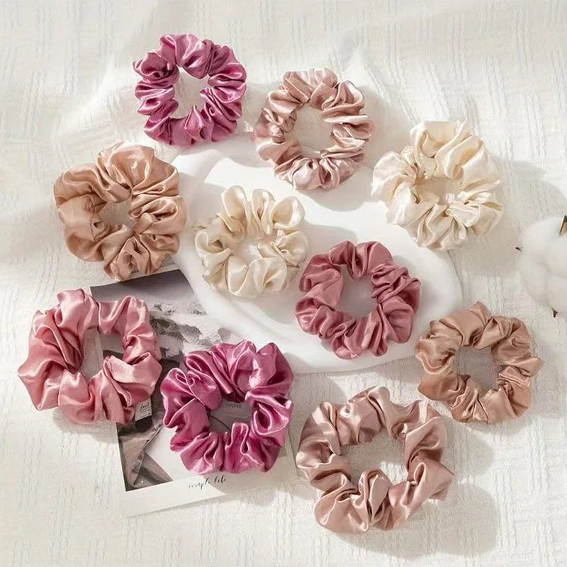 10pcs Women's Pink Satin Elegant Casual Large And Small Intestine Hair Circles Valentine's Day Gift