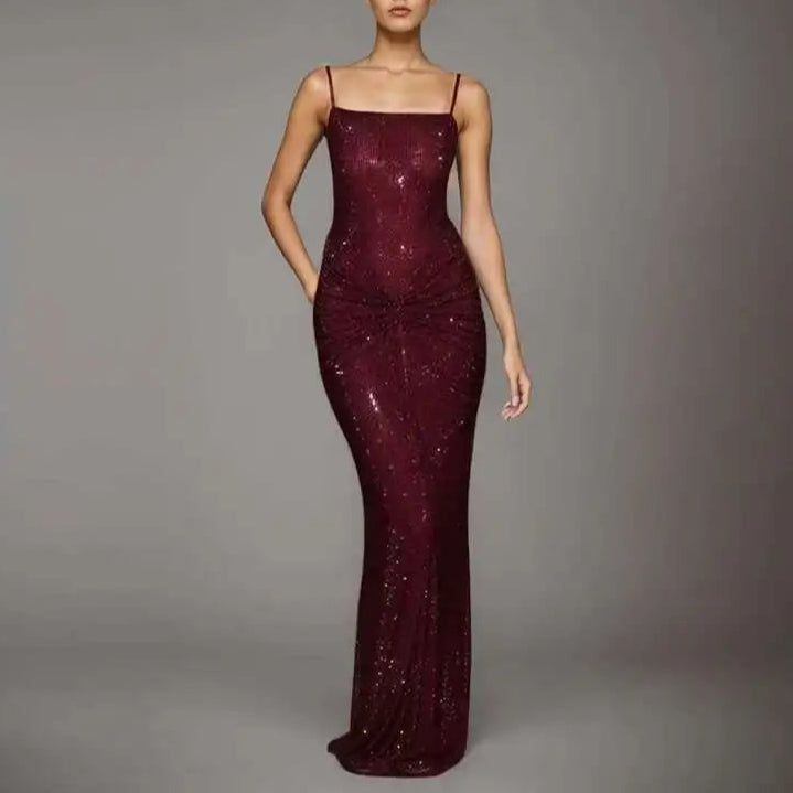 Fashion Gray Red Women's Slim Fit Backless Folds Split Floor-length Dress
