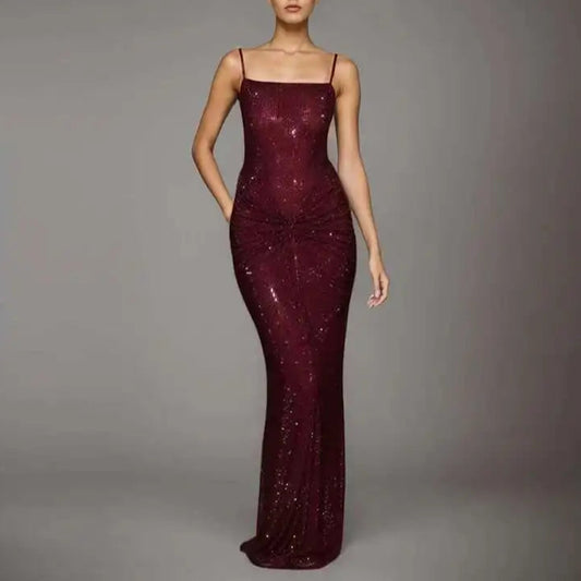 Fashion Gray Red Women's Slim Fit Backless Folds Split Floor-length Dress