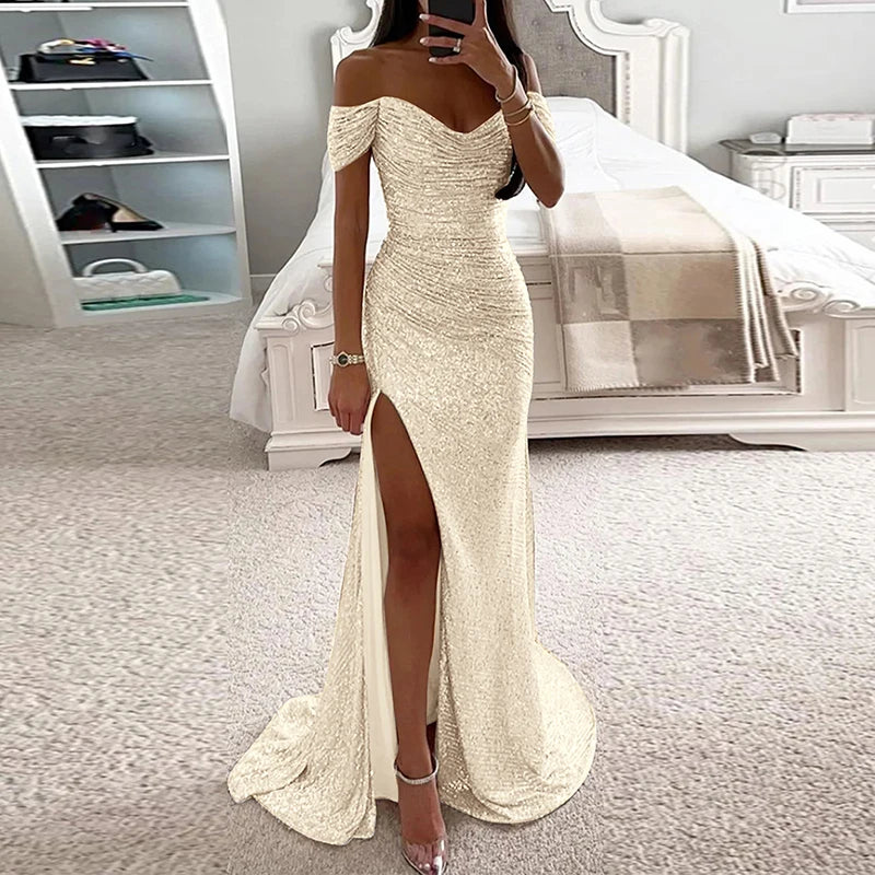 Women Elegant Off-Shoulder Sequin Split Prom Dresses