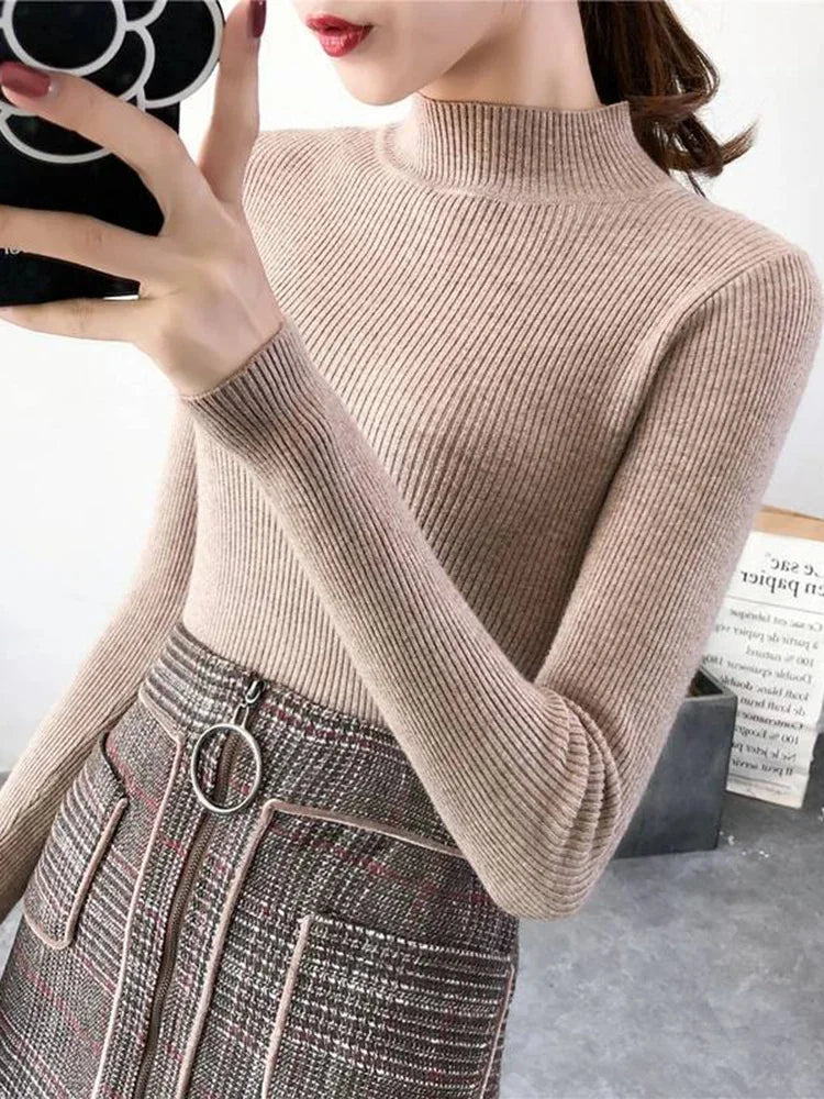 Mock Neck Women Sweater Solid Tops
