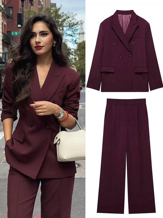 Fashion Lapel Jacket Long Pant Sets For Women New Double Breasted Blazer Wide Leg Pant 2 Piece Outfits Office Lady Chic Suits