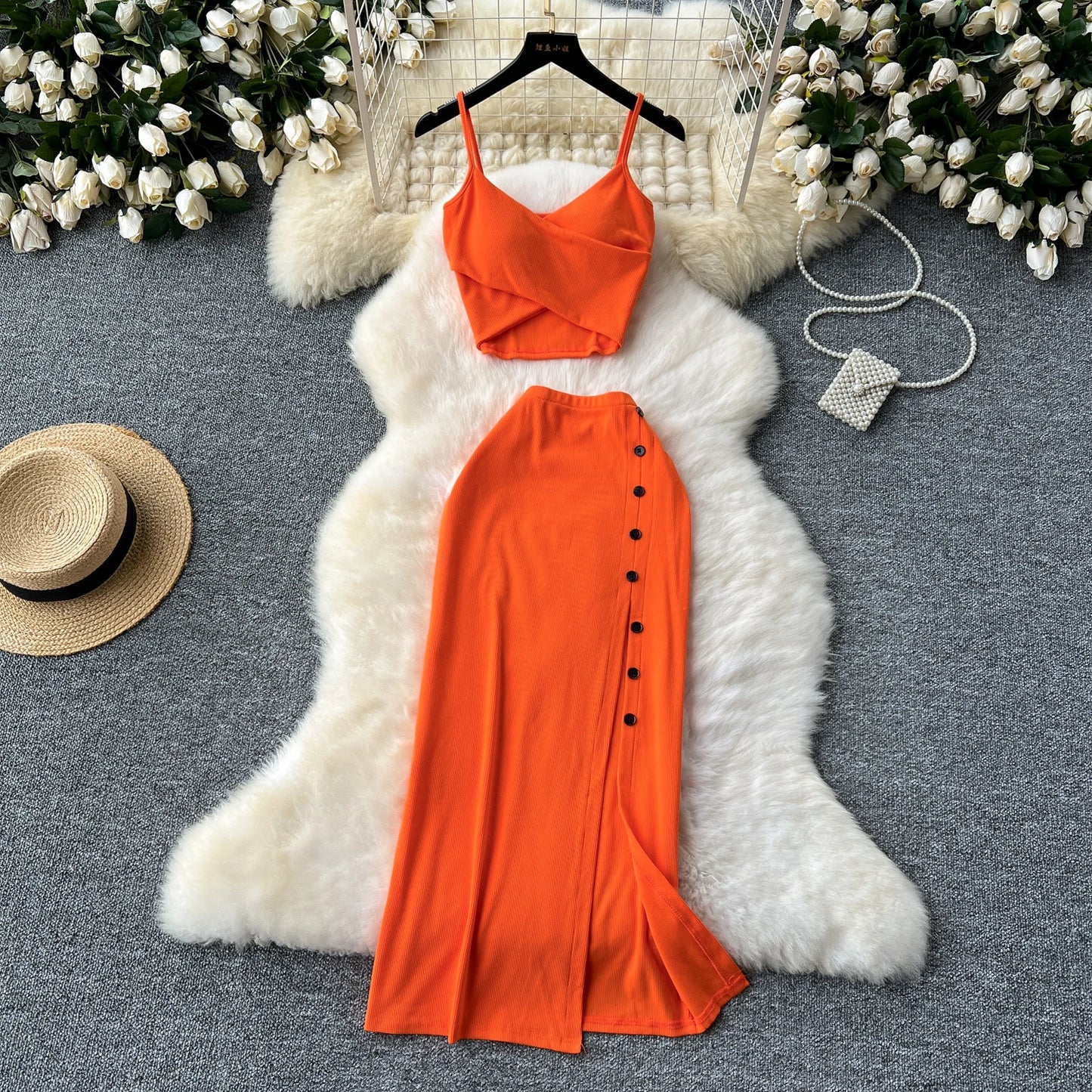 2 Pieces Set for Women V Neck Sleeveless Crop Camis Top and Long Skirt