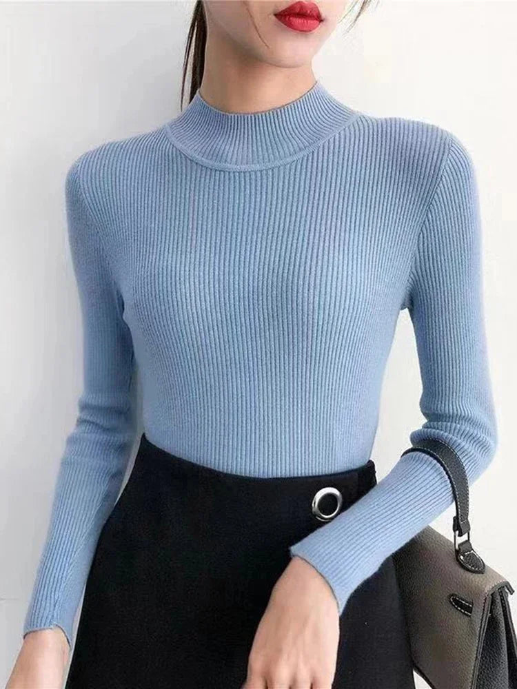 Mock Neck Women Sweater Solid Tops