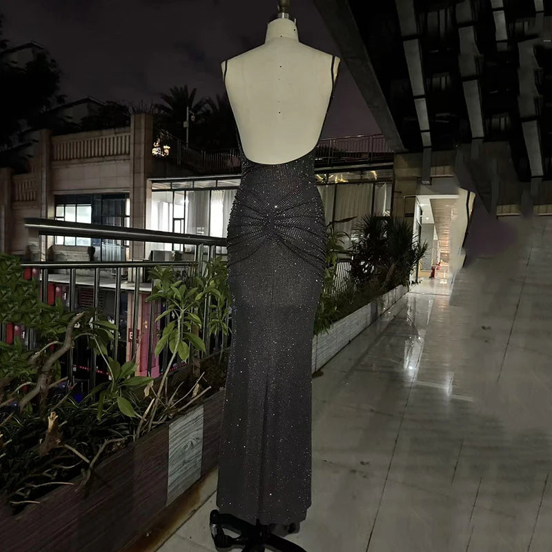 Fashion Gray Red Women's Slim Fit Backless Folds Split Floor-length Dress