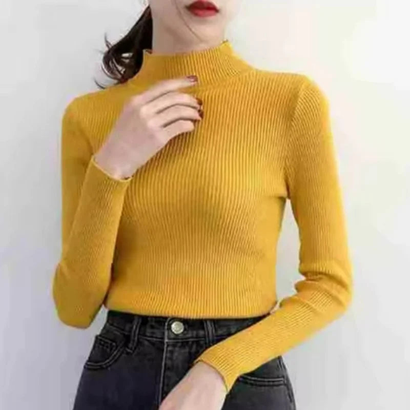 Mock Neck Women Sweater Solid Tops