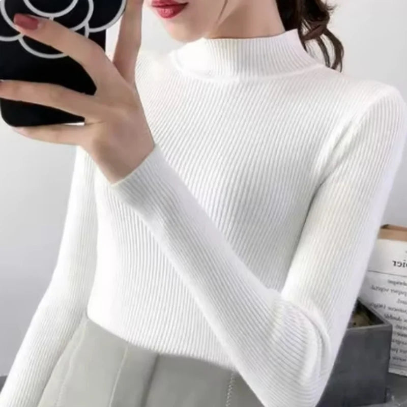 Mock Neck Women Sweater Solid Tops