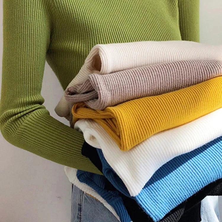 Mock Neck Women Sweater Solid Tops
