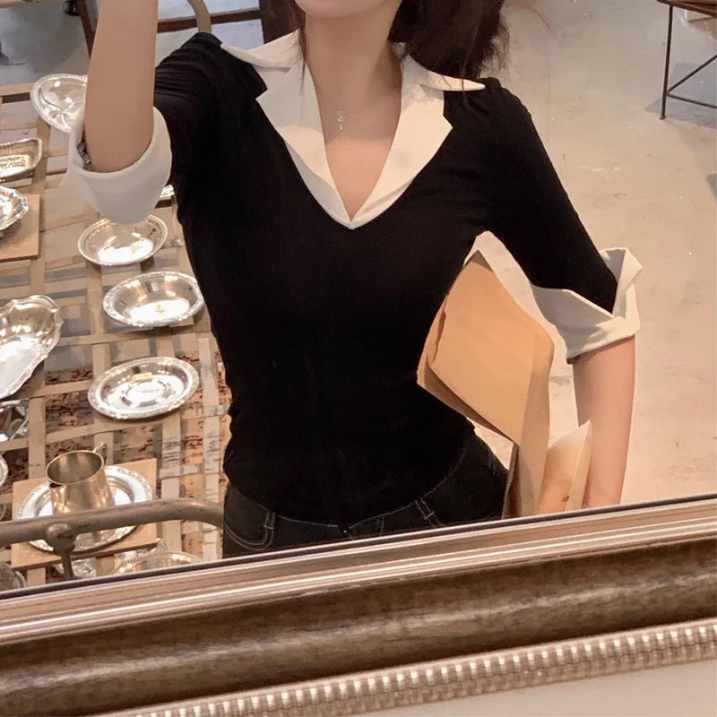 Fake Two Pieces Slim Fit Women Tops