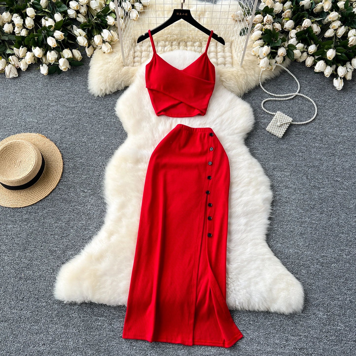 2 Pieces Set for Women V Neck Sleeveless Crop Camis Top and Long Skirt