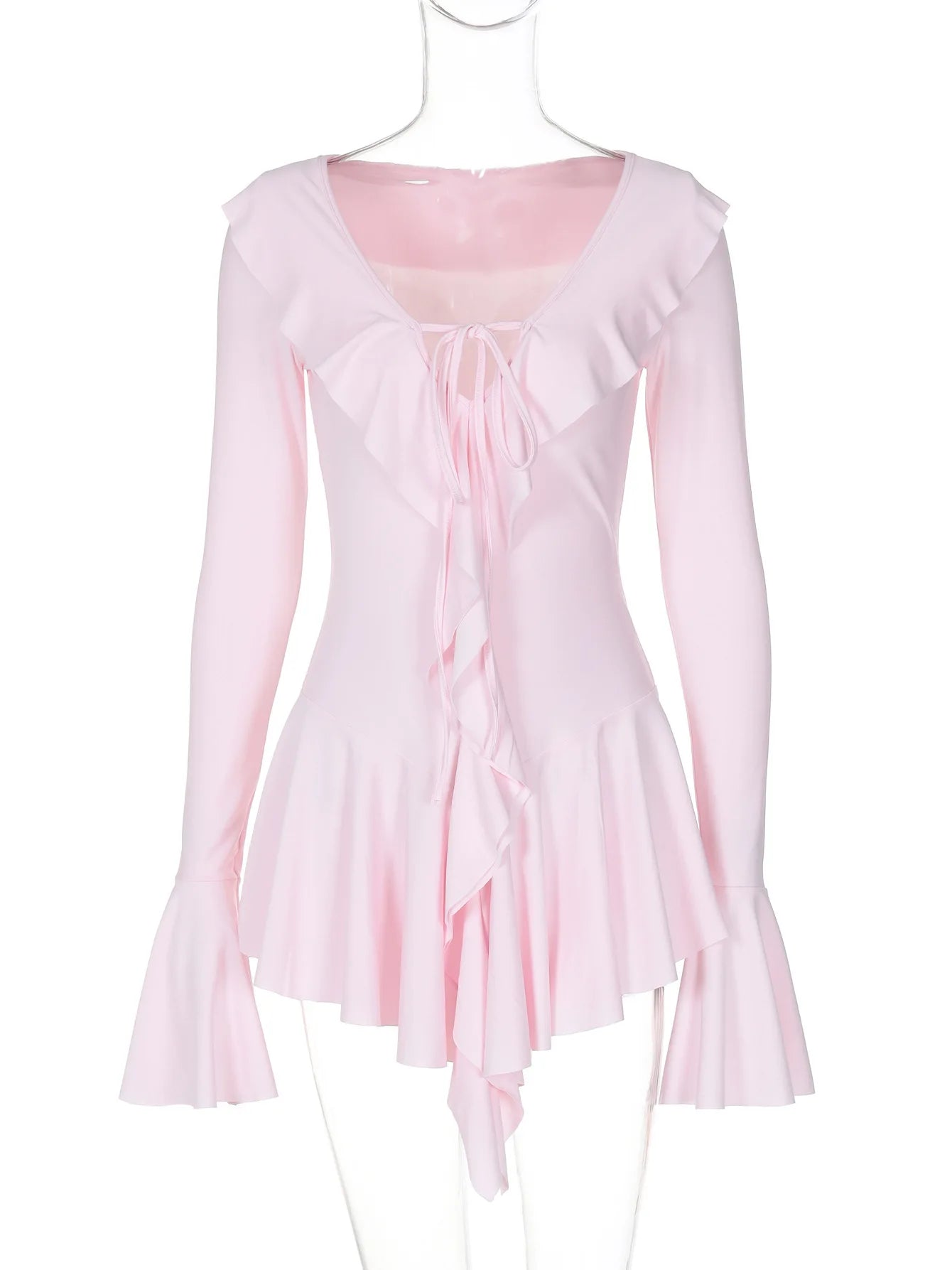 Women Sexy Long Flare Sleeve Lace-up Evening Mini Dresses