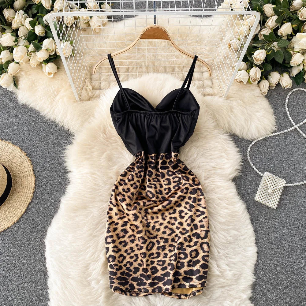 Spaghetti Strap High Waist Leopard Print Party Dress