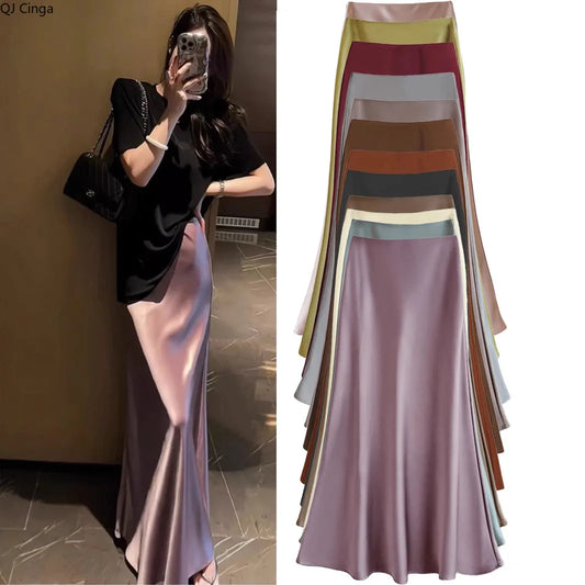 Women's Acetic Satin Flowy Long Skirt
