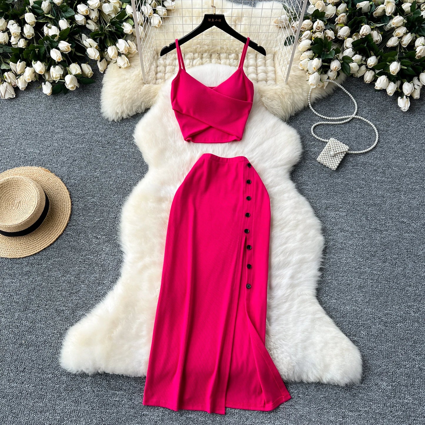 2 Pieces Set for Women V Neck Sleeveless Crop Camis Top and Long Skirt