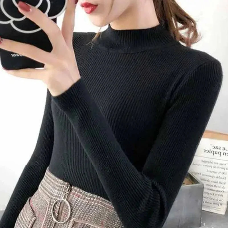 Mock Neck Women Sweater Solid Tops