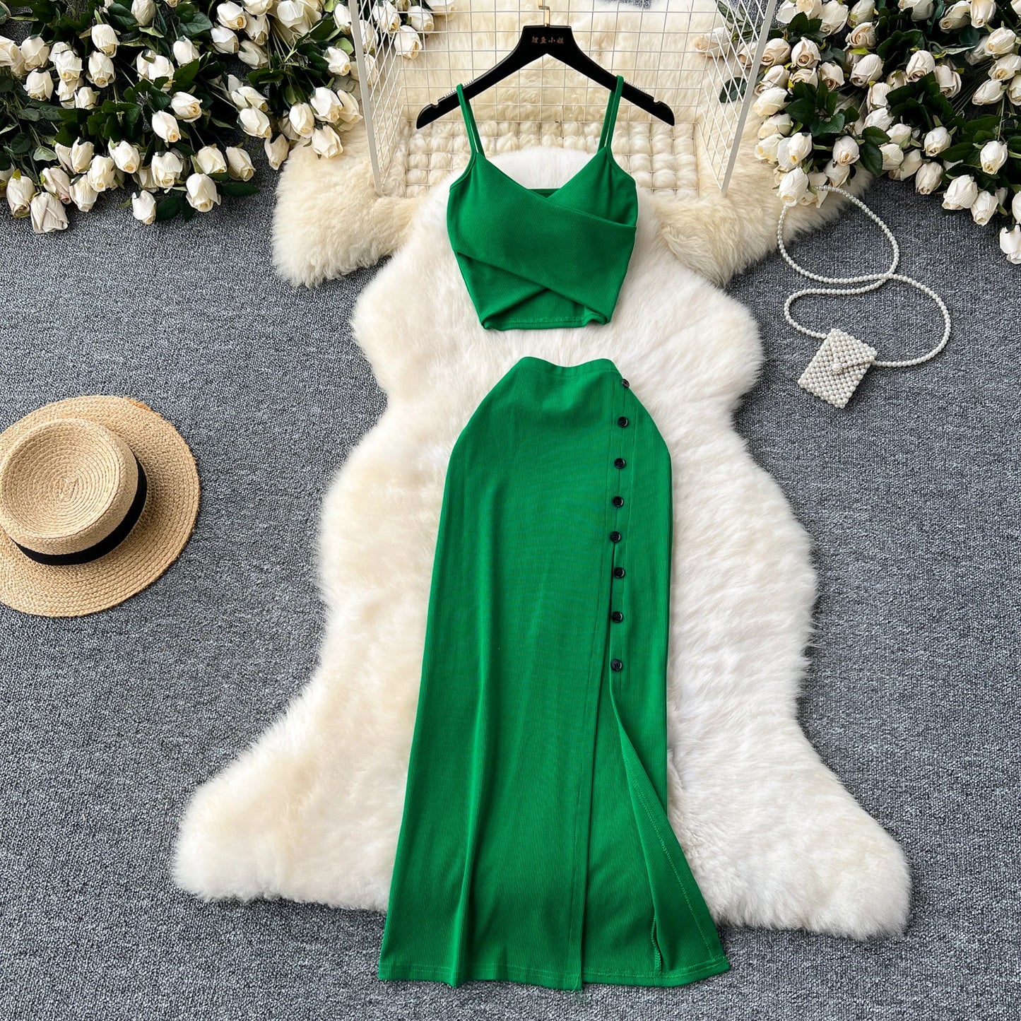 2 Pieces Set for Women V Neck Sleeveless Crop Camis Top and Long Skirt